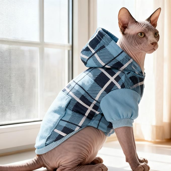 EXPAWLORER Plaid Cat Hoodie - British Style Warm Cat Sweater Shirt with Leash Hole,Pet Clothes Outfits,Winter Coat Apparel for Puppy Cats Girl Boy-Kitten Apparel,Blue XL