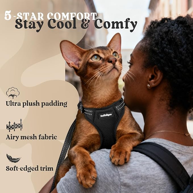 rabbitgoo Cat Harness and Leash, Escape Proof Vest with 3 Adjustable Buckles, Soft Comfortable Kitten Harness, Easy to Wear, Reflective for Safe Outdoor Walking, Small, Black
