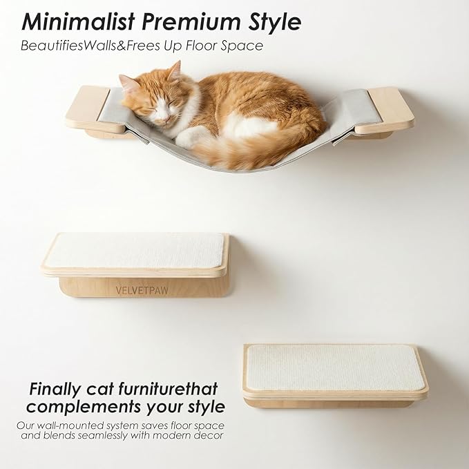 VELVETPAW 5PCS Cat Wall Shelves Cat Wall Furniture with Bed and 4 Steps, Climbing Shelf Wall Mount for Indoor Outdoor Cats, Wall-Mounted Furniture for Kittens