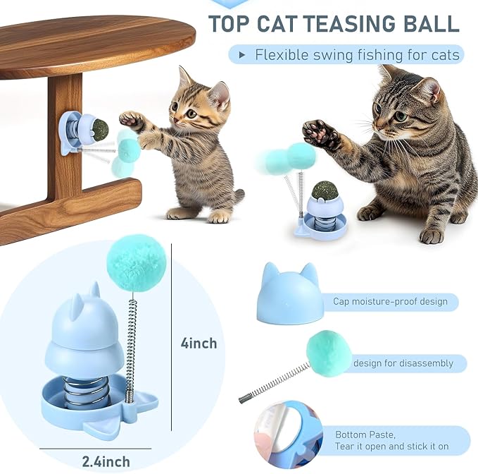 Blue Cat Nip Ball with Spring Ball, Catnip Balls Wall Snack Teeth Washing Healthy Rotatable Treats Toys, Kitten Playing Toy for Indoor, Cats Soothing Catnip