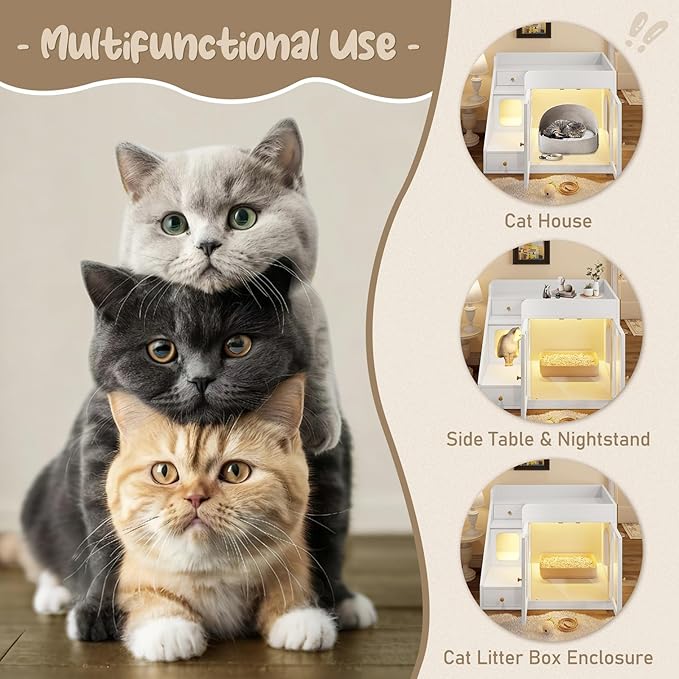 Cat Litter Box Enclosure with Light, Hidden Litter Box Furniture with 2 Storage Drawers & Smart Doors, Cat House Side Table for Living Room Entryway (White)