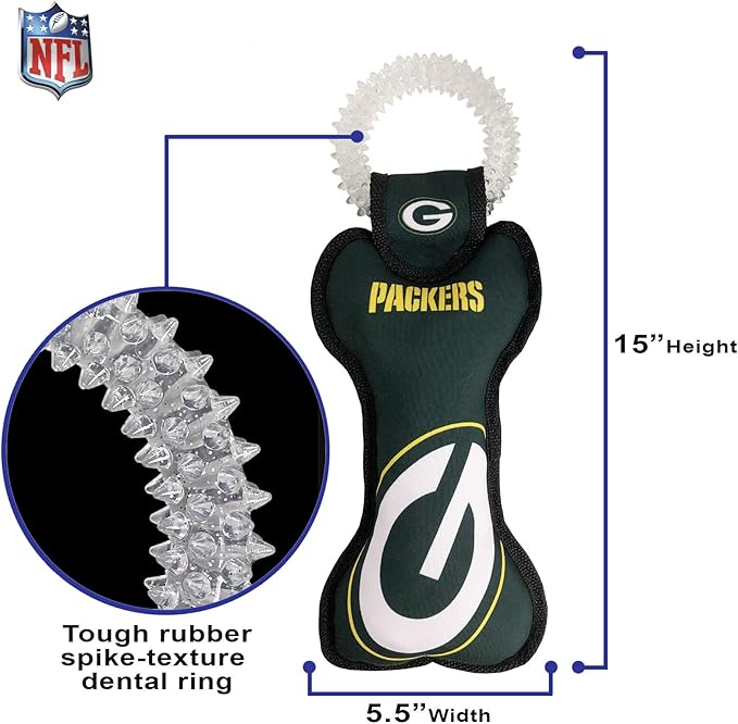 Pets First NFL Green Bay Packers Dental Dog TUG Toy with Squeaker. Tough PET Toy for Healthy Fun, Teething & Cleaning Pet's Teeth & Gum. (GBP-3310)