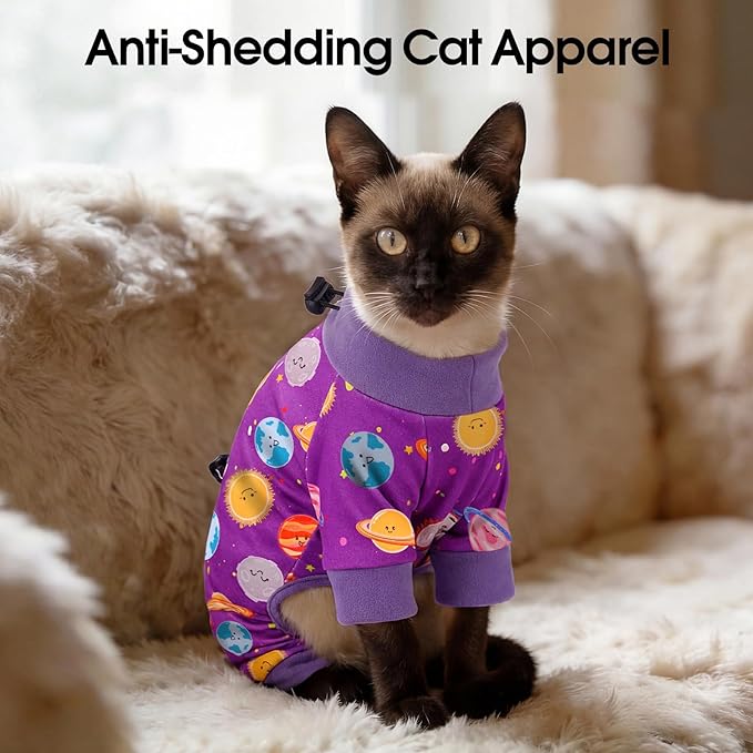 DENTRUN Cat Clothes for Hair Control with Hair Sticky Fabric - Soft Recovery Suit & Breathable Lint-Resistant Cat Sweater for Cats Only, Kitten Onesie Pajamas, XS, Purple