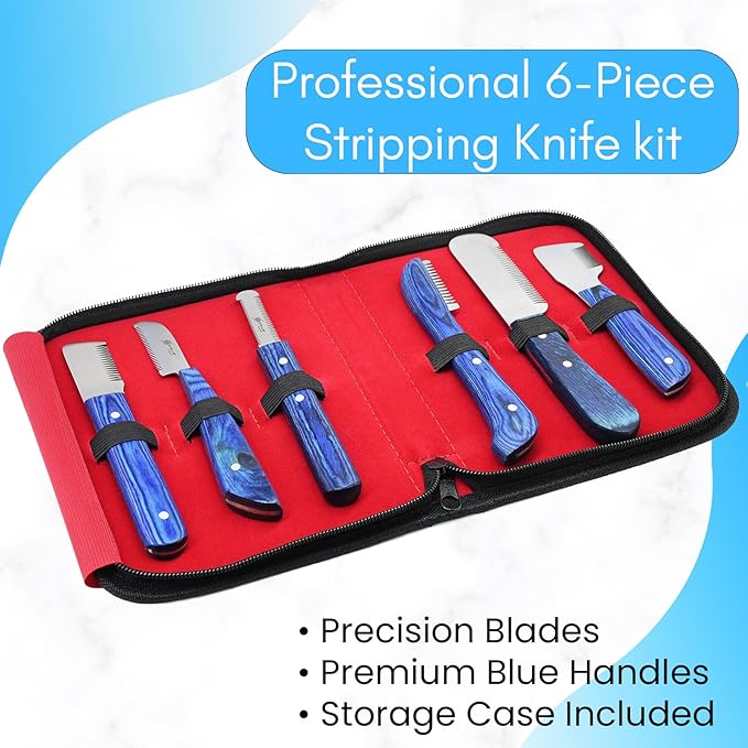 Dog Grooming Stripping Knife Set – 6-Piece Stainless Steel Hand Stripping Tools with Wooden Handles – Coarse, Medium, Fine & Extra-Fine Knives for Dogs, Cats & Wire-Coated Pets (Blue)