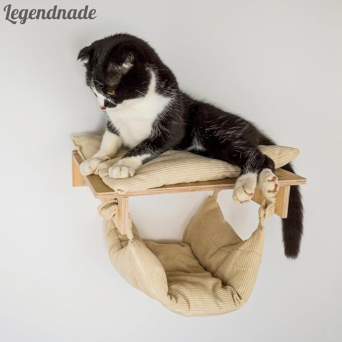 Personalized Hanging Cat Bed, Cat Hammock with Cushion, Wood Wall Mounted Cats Shelf, Wooden Furniture Perch for Playing Sleeping Scratching, Your Pet Gifts