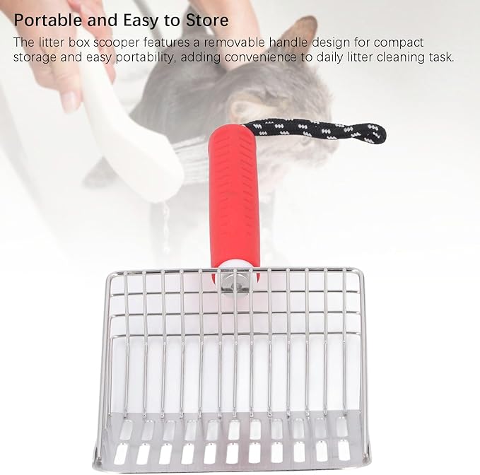 Cat Litter Scoop, Removable Handle Cat Litter Sifter, Stainless Steel Fast Filtration Cat Litter Shovel for Kitten Cat Dog Poop (Red)