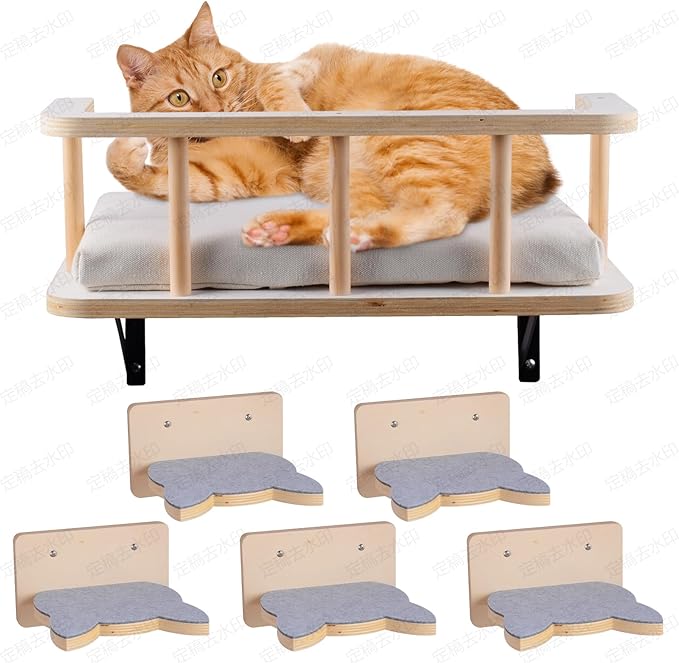 Large Cat Wall Shelves with 5 Steps - Heavy Duty Cat Wall Furniture, Climber, Shelves & Perches with Comfy Cushion & Guardrails, Space-Saving for Indoor Cats(Grey)