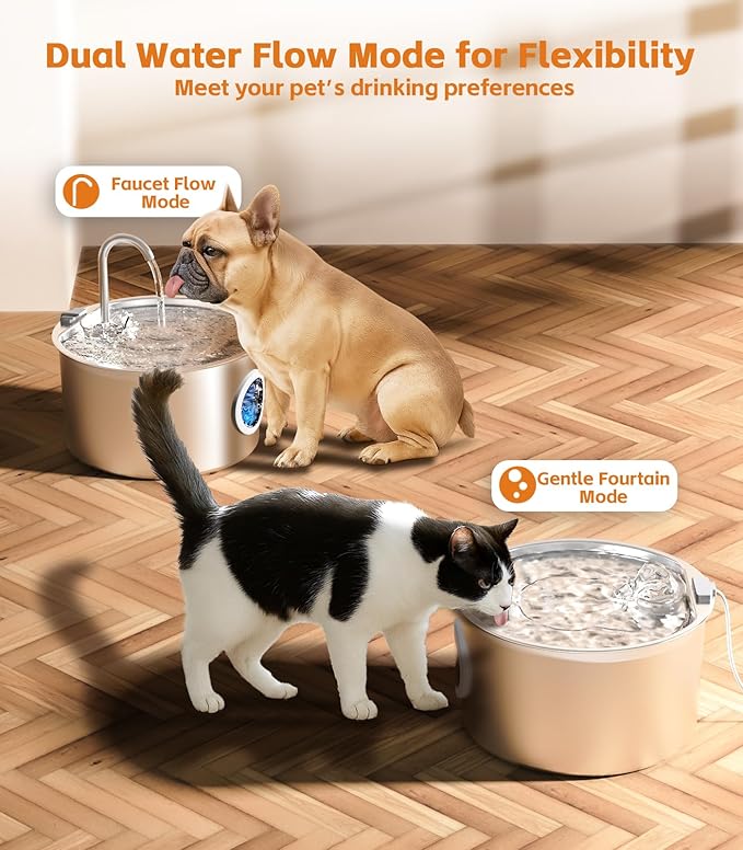 108oz/3.2L Stainless Steel Cat Water Fountain with Detachable Tank, Easy to Clean & Assemble, Pet Drinking Dispenser with Quiet Operation & LED Light, Gifts for Cats, Dogs and Small Pets