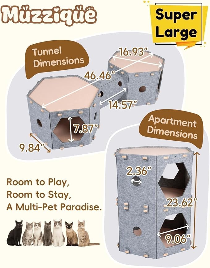 Cat Tunnel House for Indoor Cats, w/Hair Brush, DIY Expandable Modular Felt Pet Castle, Hidey Kitten Perch Condo, Large Stackable Kitty Cave, XL Two Story Sleeping Small Dogs Puppy Bed, 2 Tier Nest
