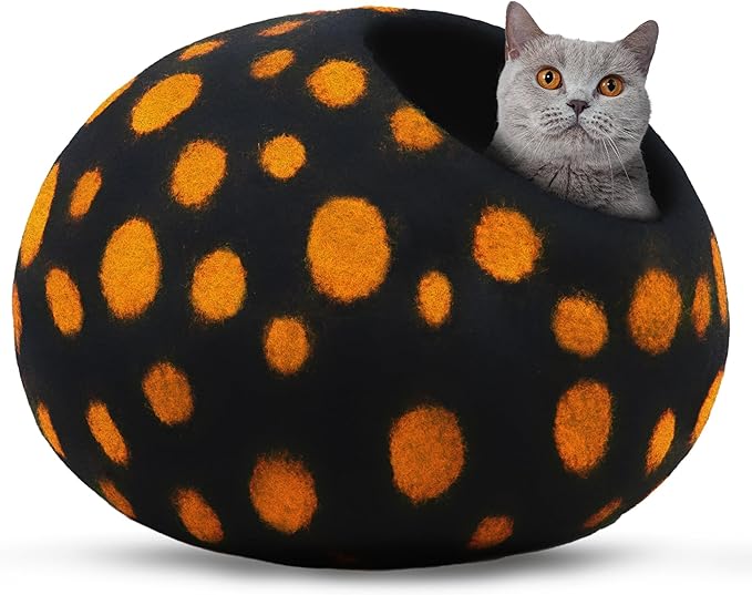 Woolygon Premium Felt Cat Cave Bed – Wool Kitty Beds Handcrafted Kitten Caves Bed for Indoor Cats - Made from Merino Wool, Foldable Cat Hideaway Covered Cat House Pod (Black Polka)