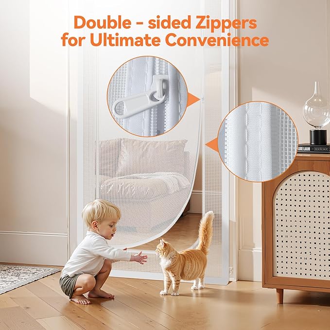 BFNN Cat Screen Door, Extra Tall Cat-Proof Mesh Gate, Fit Door Size 32'' x 80'', Anti Scratch Mesh with Zipper Closure, for Living Room, Kitchen, Bedroom (White, U-Shaped)