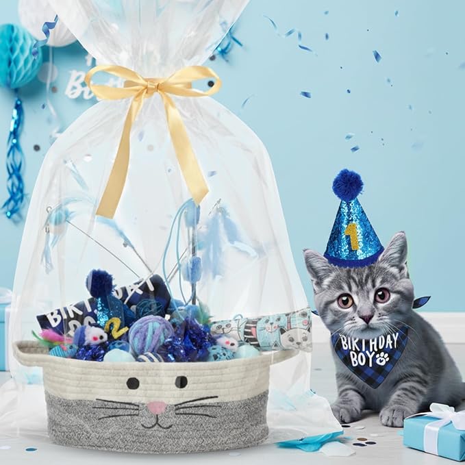Zopeal Graduation Cat Toy Set Interactive Cat Toys Pack Including Feather Teaser Wand Plush Gift Outfit Mice Crinkle Balls and Pet Bell Balls, Puzzle for Indoor Cats Gift Basket for Kitten(Blue)