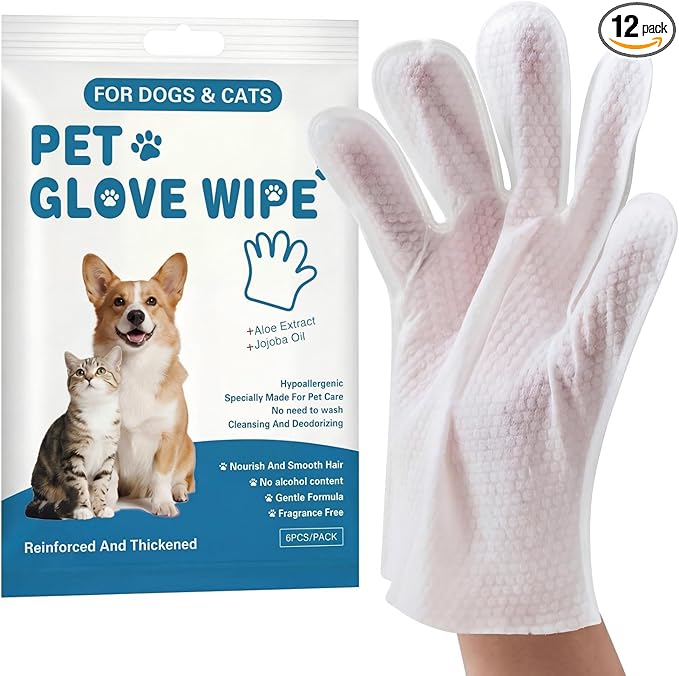 Pet Glove Wipes for Cats & Dogs, No Rinse Deodorizing Cleaning Mittens, Sphynx Cat Supplies, Thickened Hypoallergenic Aloe Vera, Unscented Full Body Grooming, Daily Care & Travel, 12 Count
