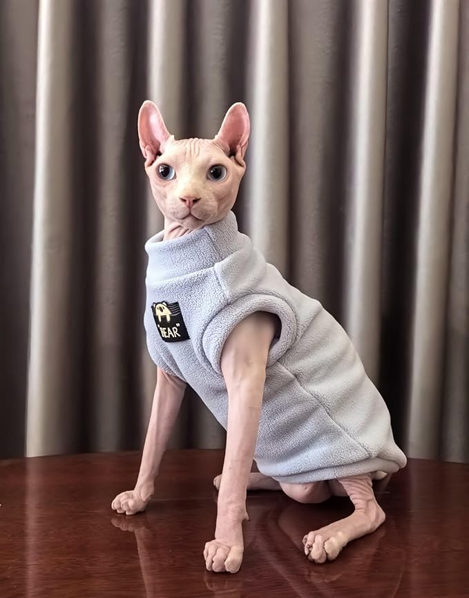 Sphynx Cat Clothes Hairless Cat Warm Fleece Vest Elastic Winter Sweater Outfit, Pet Clothes for Sphynx Cat Coat for Cats and Small Dogs Apparel, Hairless cat Shirts Sweaters (Sky, X-Large)