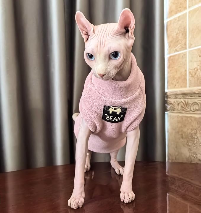 Sphynx Cat Clothes Hairless Cat Warm Fleece Vest Elastic Winter Sweater Outfit, Pet Clothes for Sphynx Cat Coat for Cats and Small Dogs Apparel, Hairless cat Shirts Sweaters (Pink, X-Large)