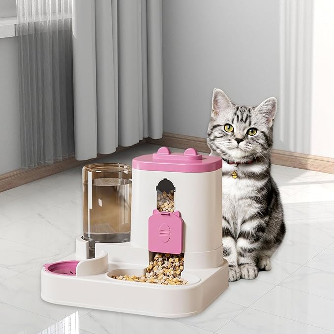 Automatic Pet Feeder and Waterer, Food and Water Dispenser, 2 in 1, Anti Slip Pet Supplies for Cats and Small Medium Dogs, Pink