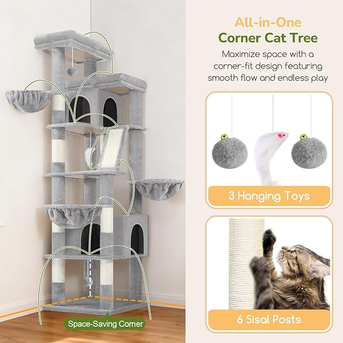 Globlazer Extra Large Cat Tree Tower 80in XXL Tall Cat Tree for Multiple Indoor Cats Large Adult Kittens with Scratching Posts, 2 Widened Perches, Adjustable Baskets, 2 Cozy Condos, S80G, Light Grey