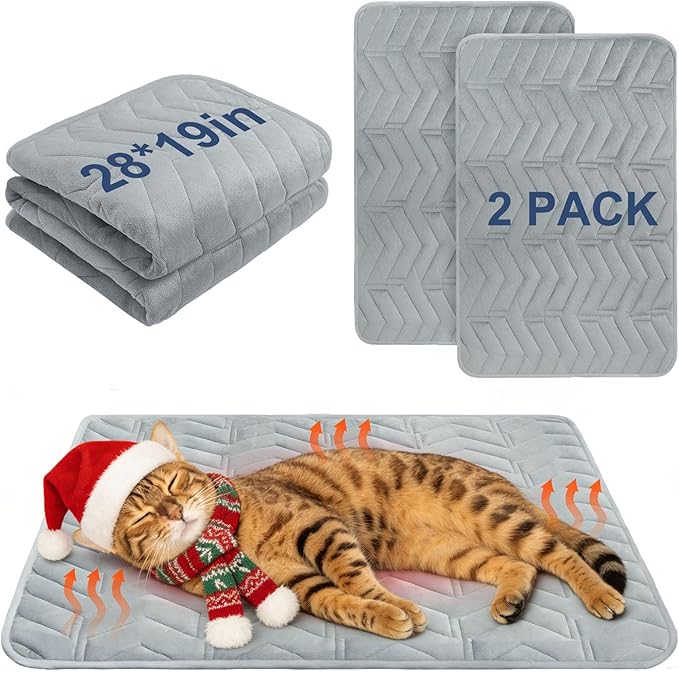 BEAUTYZOO Self Warming Cat Bed Mat, Self Heating Dog Pad for Indoor Outdoor Pet House, Heated Thermal Warmer Cat Blanket for Kitten Puppy Washable Non-Slip Chew Proof, 2 Pack 19 x 28 Inche Light Grey