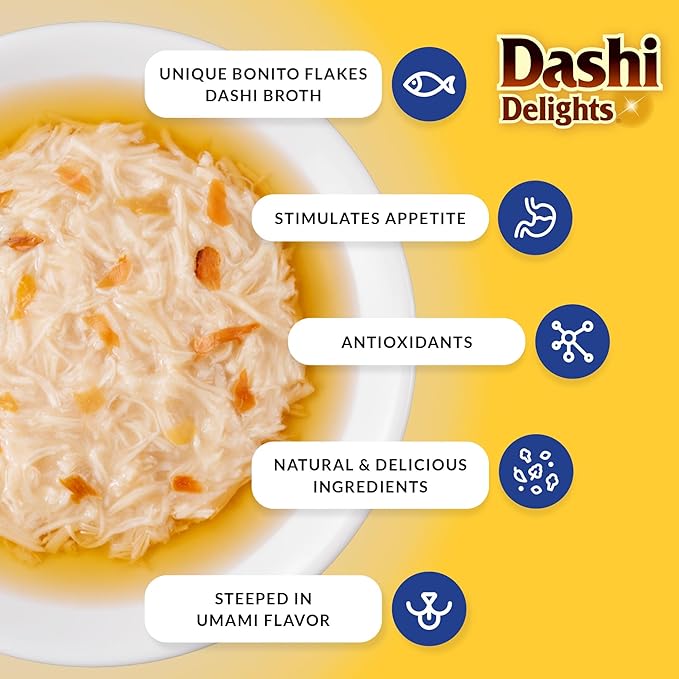 INABA Dashi Delights for Cats, Shredded Chicken Side Dish with Bonito Flake Broth, Cat Food Complement with Taurine & Green Tea Extract, 2.5 Ounce Cup, 6 Cups Total, Chicken with Salmon Recipe