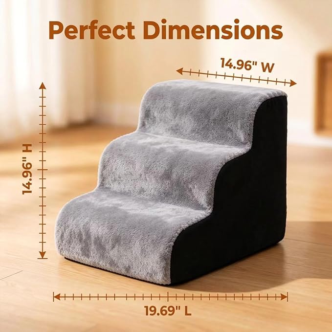Dog Stairs for Small Dogs，35D Pet Stairs Steps 15” H with Durable Non-Slip Waterproof Fabric Cover, Slope Stairs to Bed for Small Dogs and Cats or Pets Joints, 3 Step Dog Ramp for Couch and Bed