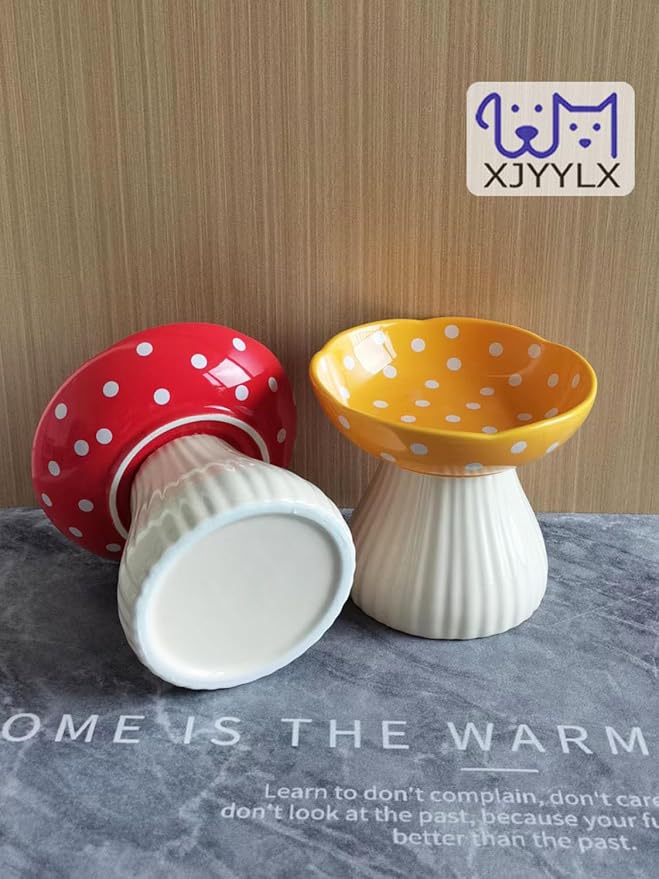 Mushroom Elevated Cat Bowls Ceramic 2 Pack, Raised Cat Bowl for Indoor Cats, Cute Whisker Fatigue Cat Bowl, Raised Dog Bowls Stand for Food and Water, Red+Yellow 6" Wide for Adult Cats