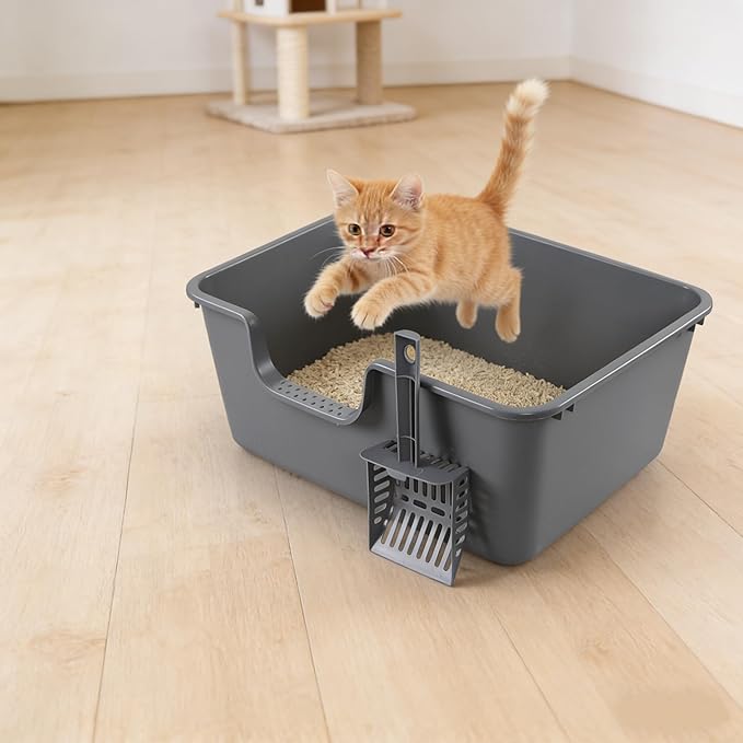 4 Packs Litter Boxes with High Sides, 19.6" Lx15.35 Wx8.6 H Multi Cat Litter Pan for Kitty, Litter Box for Big Cats, Anti-Splashing, Easy to Clean (Grey)