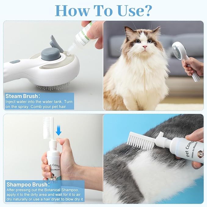 Pet Steam Brush for Dog & Cat, 3-in-1 Steam Grooming Comb - Dog Steam Brush for shedding, Brushes for Indoor Cats Steam for Shedding Hair Clean Hair Removal Comb, 1*Waterless Shampoo
