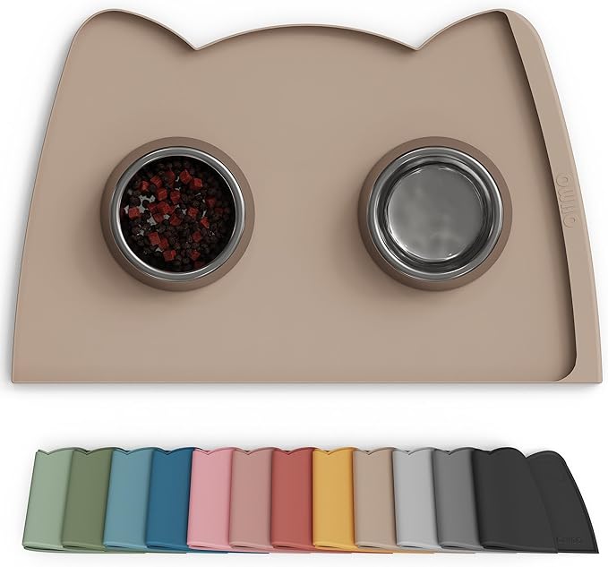 OHMO Dog Food Mat(Beige, 24 * 15'') w/Residue Collection Pocket Silicone Pet Feeding Mat for Floor High Edges Anti Spills Waterproof Cat Water Bowl Tray, Easy Clean Placemat