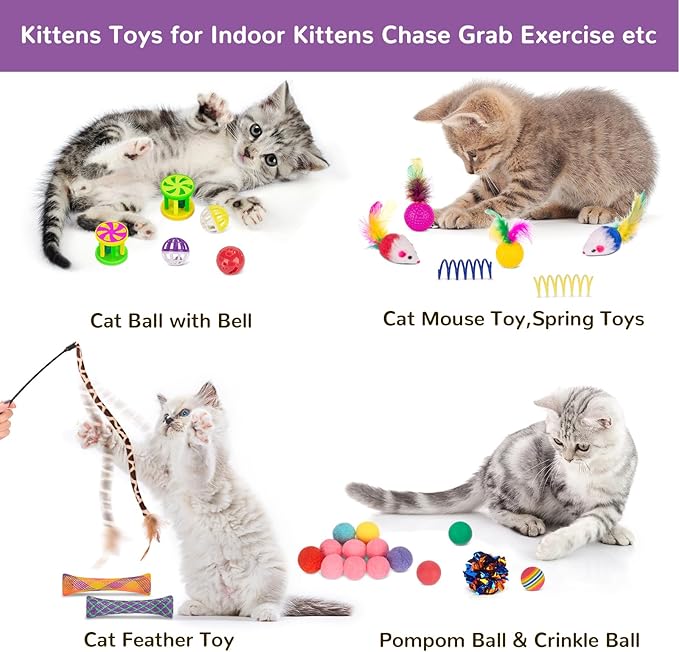 Retro Shaw Cat Toys Pack 33Pcs, Interactive Kitten Toys for Indoor Kittens Cats, Collapsible Kitty Play Tunnel Tent Feather Wand Balls Bell Springs Mouse Kitty Toys for All Breeds (2 Tunnel)
