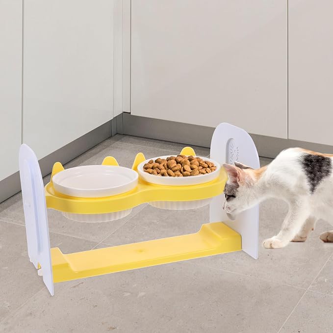 Ceramic Raised Cat Bowl Set Adjustable Height and Tilt, Yellow Non-Slip Floor Pet Bowls for Dogs and Cats, Sturdy Reusable Feeding and Watering Station