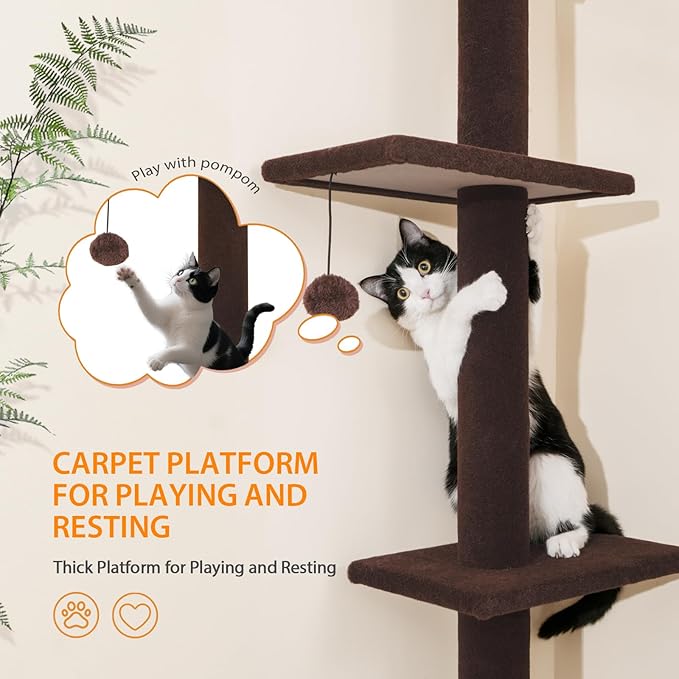 Cat Craft Cat Tree Floor to Ceiling 95-108" Tall Cat Tree Carpet Cat Tower Kitten Tree Sisal Scratching Post and Mat Cat Pole for Indoor Cats, Brown