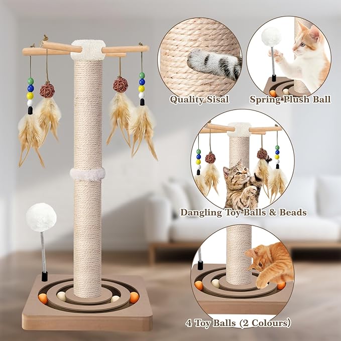 PAROTO Cat Scratching Post, Sisal Cat Tree Tower Scratcher for Indoor Cats Adults with Interactive Toys, Double Ball Track, 2 Mounting Methods, 25 inches