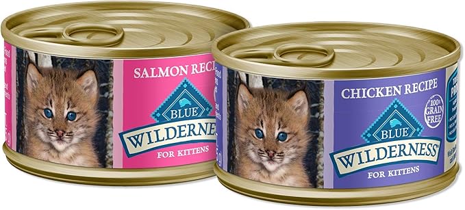Blue Buffalo Wilderness High Protein Grain Free, Natural Kitten Pate Wet Cat Food Variety Pack, Chicken, Salmon, 3-oz Can, 24 Count