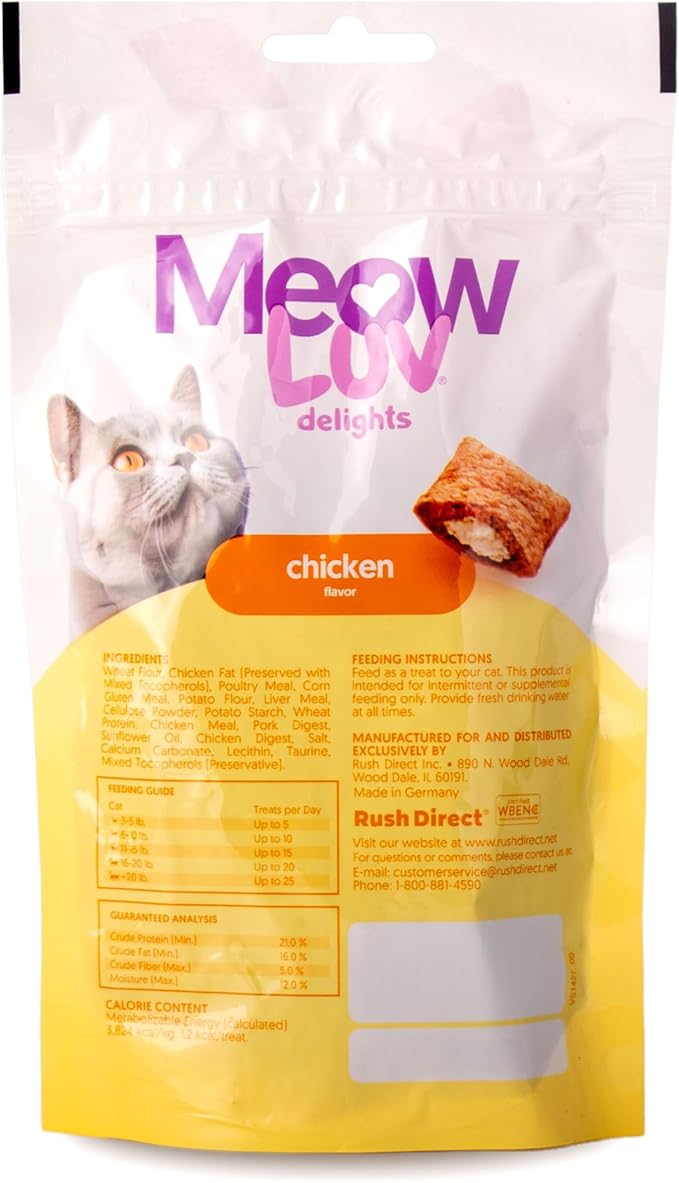 Ultra Chewy Meow Luv Delights Crunchy Cat Treats with Creamy Center - Chicken Flavor - Premium Cat Snacks - Soy-Free Recipe - Healthy Treats for Indoor Cats - 8 Pack