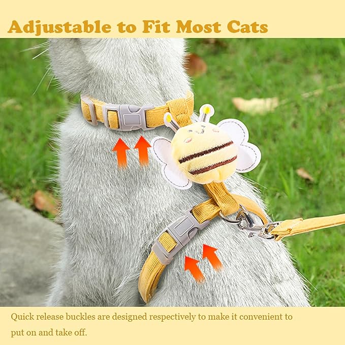 Cat Harness and Leash Set for Outdoor Travel Walking Escape Proof Soft Safe Adjustable Kitten Puppy Small Strap Kitty Cute Bee Wings Yellow M