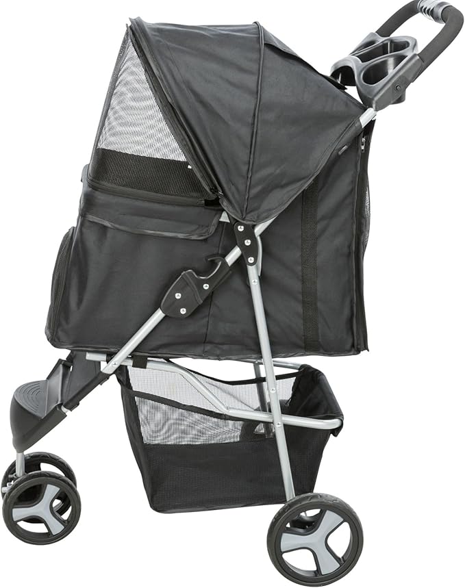 TRIXIE Foldable Pet Stroller for Cats and Dogs, Pet Carrier Strolling Cart with Weather Cover, Storage Basket, Cup Holder, Black