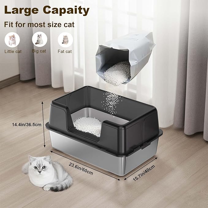 Stainless Steel Cat Litter Box, Extra Large Covered Litter Box for Big Cats, Enclosure XXL Metal Litter Pan Tray, High Sided,Anti-Leakage,Easy Cleaning, Non-Sticky,23.6 x 15.7 x 14.37,B