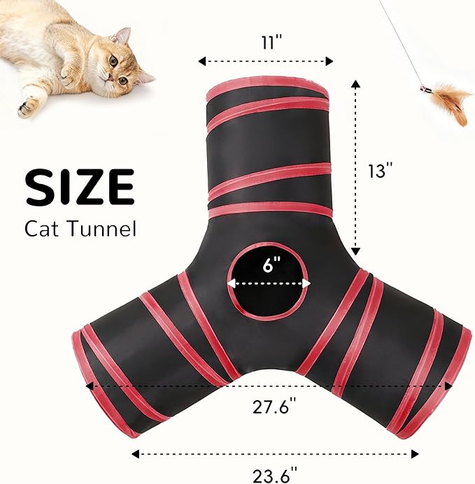 Tempcore Cat Tunnel for Indoor Cats, 3-Way Collapsible Play Tunnel with Teaser Wand, Peek Holes & Toy Ball, Small Pet Toy for Kittens & Rabbits, Black & Red