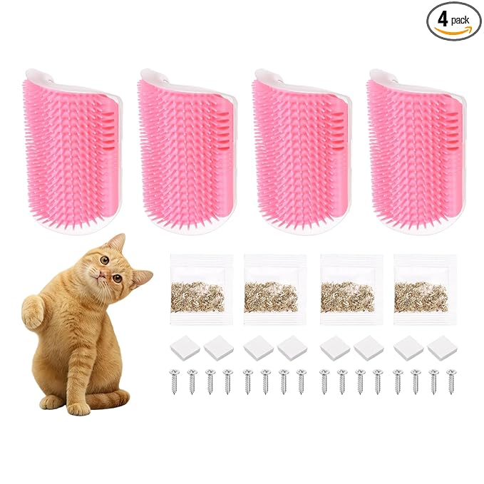 Self Grooming Cat Brush, Cat Self Groomer Scratcher with Catnip Softer Scratchers Wall Corner Groomer Massage Combs (4Pcs, S, Pink) for Long Short Fur Pets/Kittens/Puppies