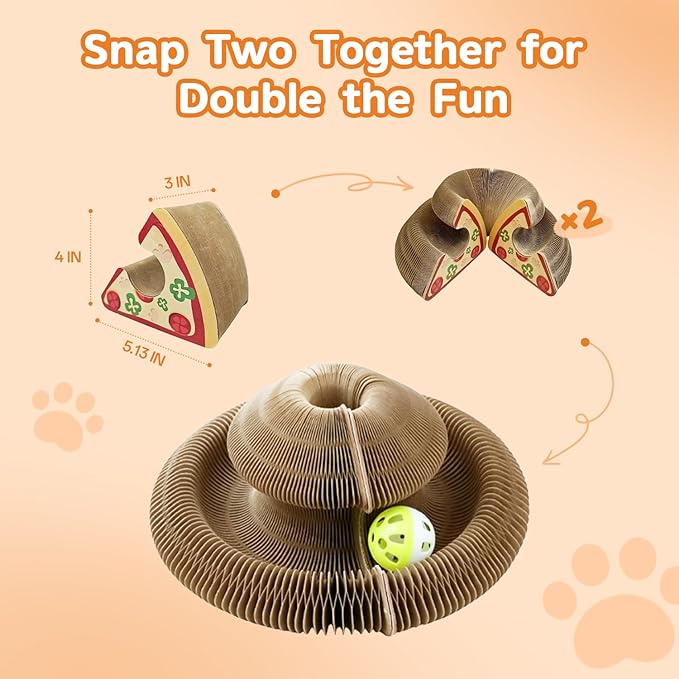 Magic Organ Cat Scratcher, Foldable Accordion Scratching Board with Bell Ball, Interactive Pizza Style Cardboard Scratch Pad, Reversible Toy for Indoor Cats