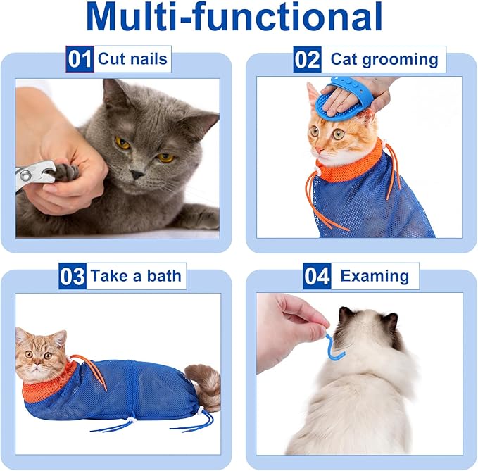 9 Pcs Cat Bathing Bag Set Cat Shower Bag Anti Bite and Scratch for Pet Grooming Washing Brush Comb Muzzle Nail Clipper Nail File Tick Tool (Navy Blue)