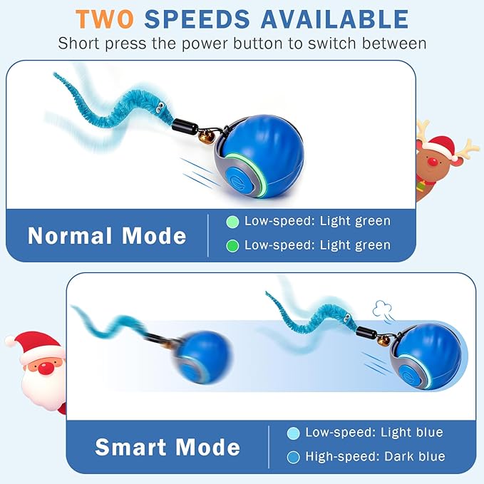 Smart Cat Toy Ball, Automatic Rolling Interactive Cat Toys for Indoor Cats, Motion Activated 2 Speeds Rechargeable Cat Enrichment Toy with 2 Tails, Perfect for Kittens & Adult Cats - Blue