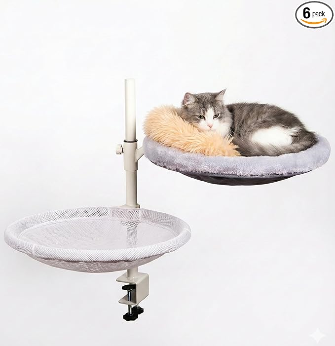 All Season Cat Perch with Catnip Pillow, Cat Desk Bed with 360° Rotation & Height Adjustment, 40LBS Capacity – Summer & Winter Washable & Removable Nests