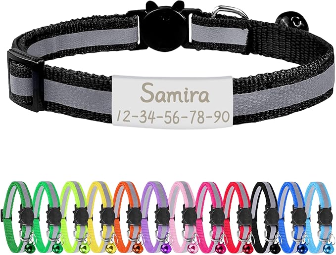 CAMAL Reflective Cat Collar Personalized with Name Tag, Safety Breakaway Cat Collar with Bell, Black, 7.5-12.5 inches