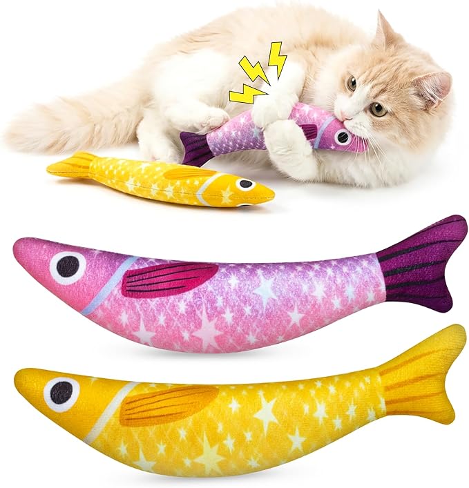 Cat Toys with 5000mg A+Natural Catnip & Bell, Interactive Soft Chew Kicker Cat Toys for Indoor Cats & Kittens, [Crinkle &Bell] Fish Sound Toy, 2 Pack Fish Cat Toys Yellow Purple