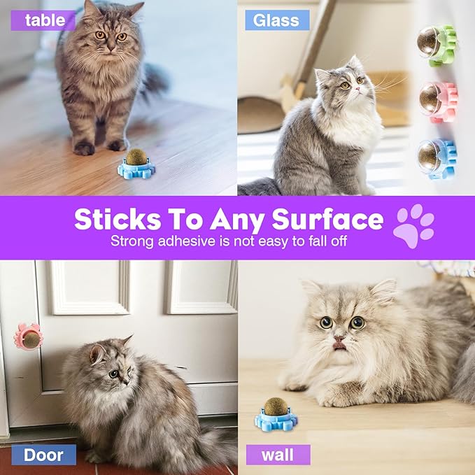 Catnip Balls for Indoor Cats 4 Pack Wall Mounted Rotatable Cat Toys Teeth Cleaning and Stress Relief Adhesive Catnip Stick on Wall Toys Interactive Chew for Kittens Play Entertainment