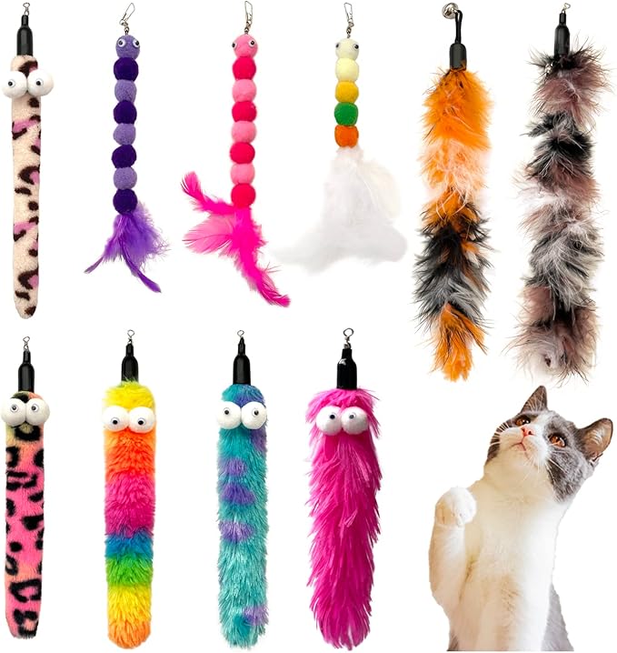 AcceLeah Cat Worm Toy Refills Cats Teaser Toys Cat Fishing Pole Toy Refill Wand Replacement Cat Wand Attachments 10Pcs Cat Worms and Dragonfly Refill,Cat Wand Toy Assorted Teaser Refills(10Pcs)