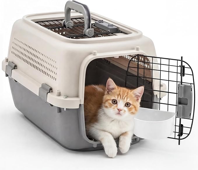 DUMOS 23" Hard-Sided Pet Carrier for Small Dogs & Cats, Airline Approved Travel Crate with Enhanced Security Latches, Front & Top Load Wire Door, Food Bowl for Traveling, Hiking, Camping, Beige&Grey