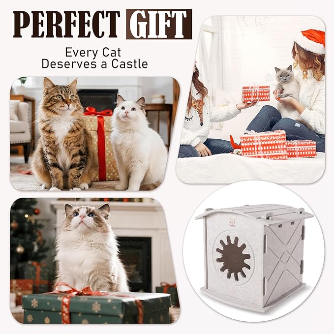 Cat Houses for Indoor Cats: Felt Cat House Cave Cathouse, Scratch-Resistant Warm Insulated Covered, Hideaway Tent for Anxiety Relief Gift