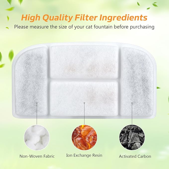 BOORCA 5L Wireless Cat Water Fountain Filters 6 Pieces Triple Filtration System Replacement Filter Fit for 5L Cat Pet Fountain, 6 Filtration System and 2 Pre-Filter Sponges